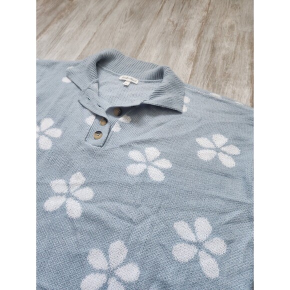 Derek Heart Crop Collared Sweater Blue White Flower 1/4 Button Relaxed Plus 2X - Picture 2 of 8